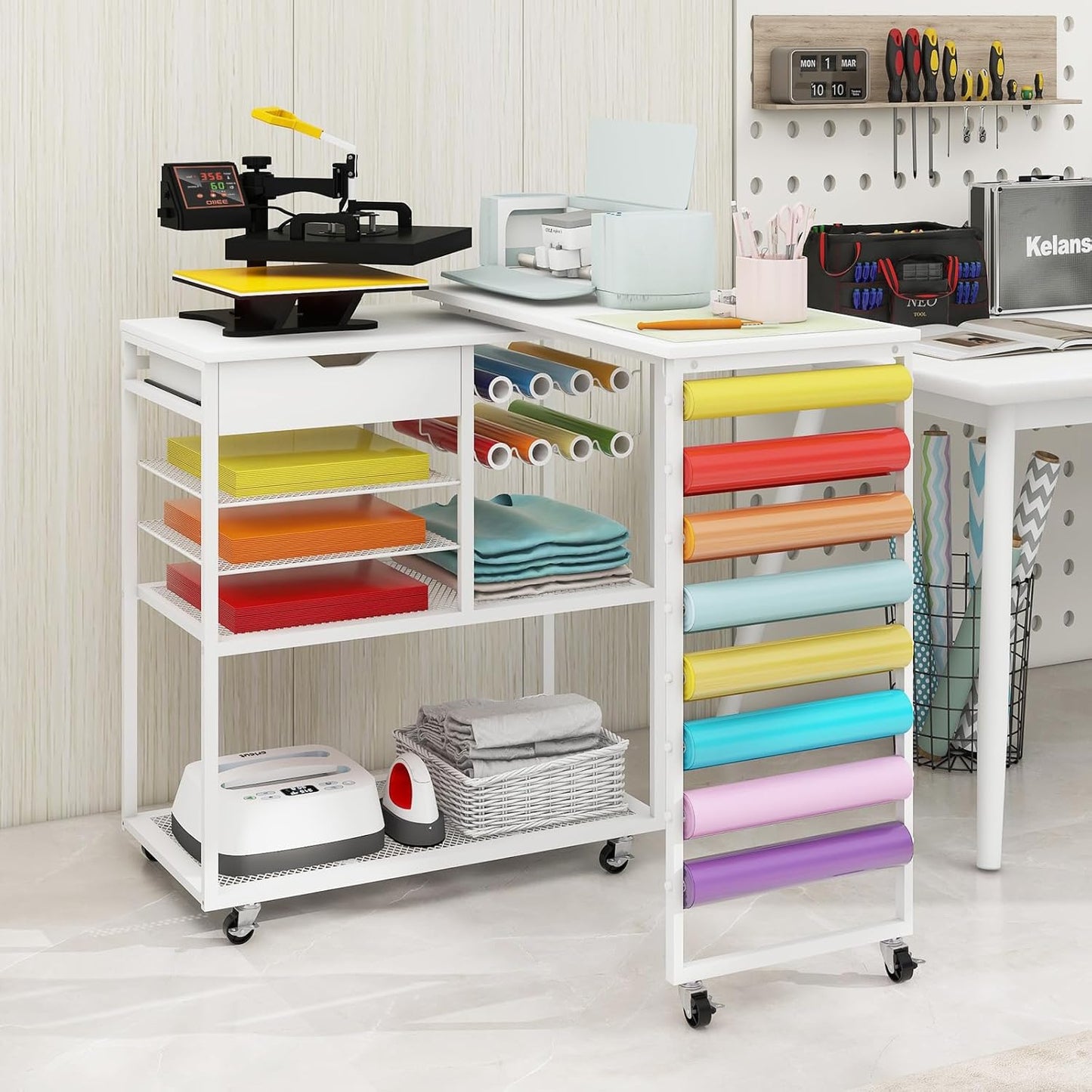 PUNCIA Heat Press Stand - 360° Rotating Craft Cart Table for Cricut | Rolling Storage & Vinyl Holder