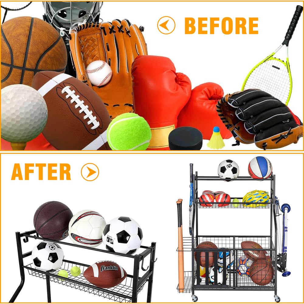 Snail Garage Storage System Sports Equipment Organizer with Baskets and Hooks, Sports Gear and Ball Storage Rack with Wheels for Garages, Playgroup, Gym and Schools, Powder Coated Steel, Black