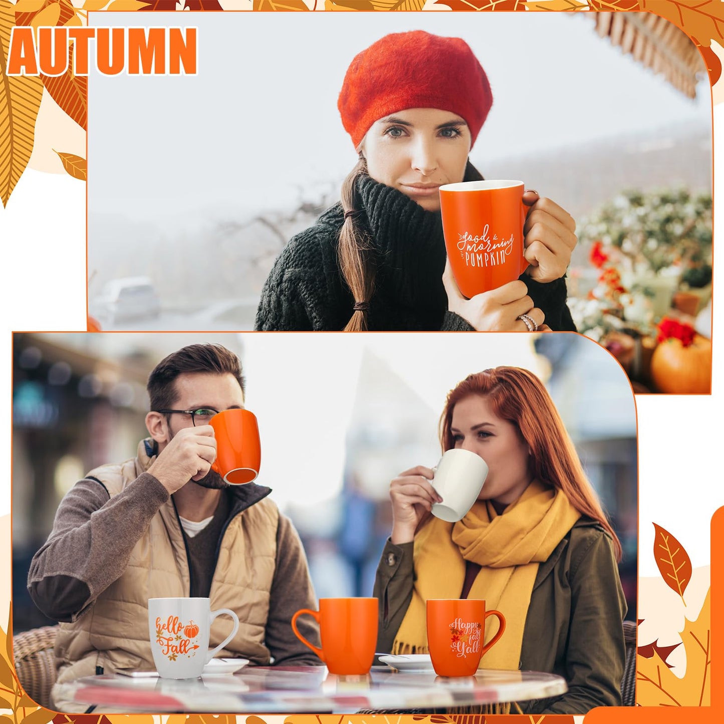 Funtery 4 Pcs Thanksgiving Coffee Mugs Fall Mugs Autumn Pumpkins Cups Happy Fall Y'all Coffee Mug Good Morning Pumpkin Cup Camp Mug Campfire Mug Ceramic Cup for Home Women Men Mom Dad (Orange,White)
