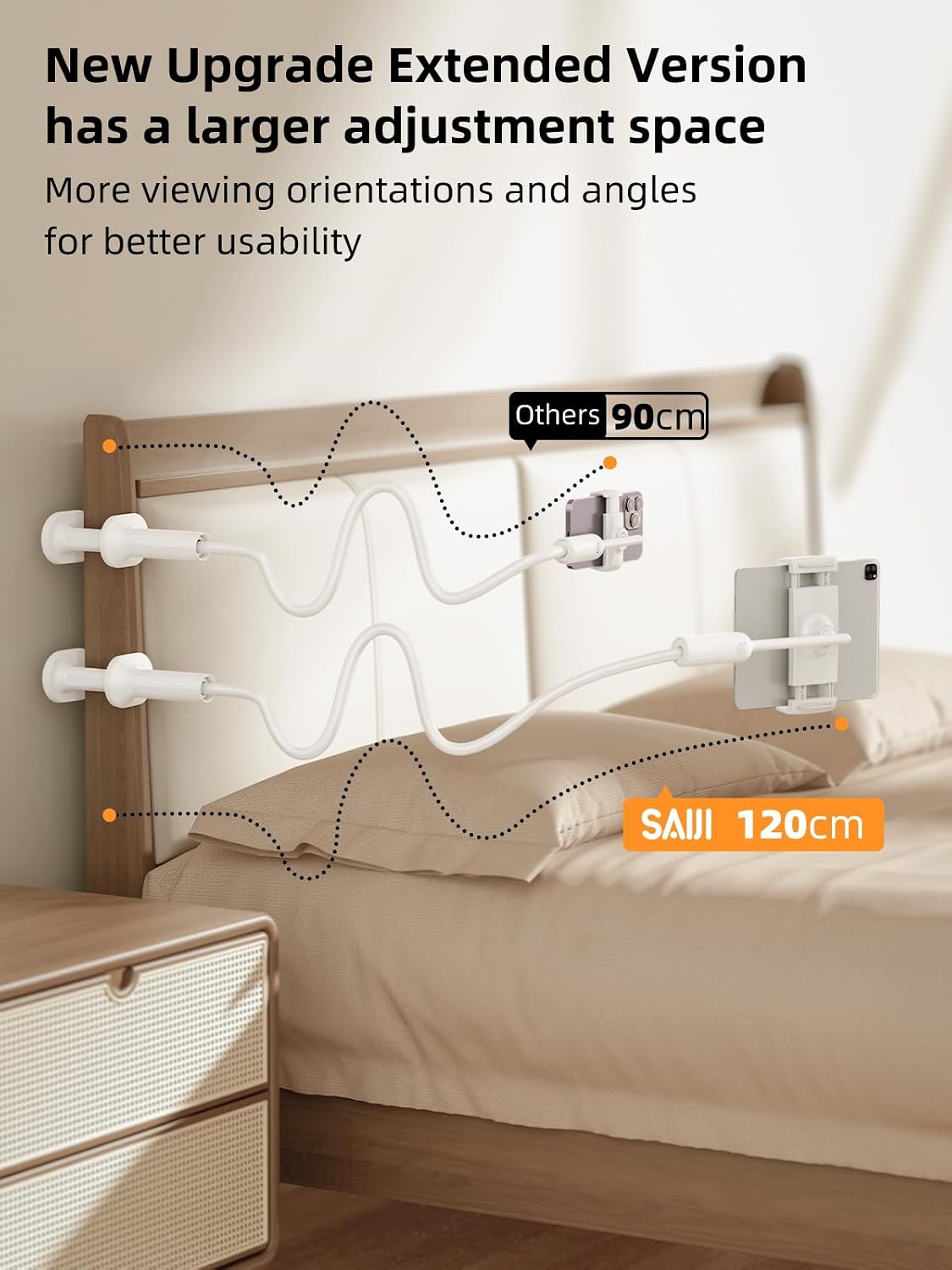 SAIJI 47" 4.7-13" Gooseneck Tablet Holder for Bed, One-Hand Adjustable, Length, Upgraded Base, iPad Holder Stand