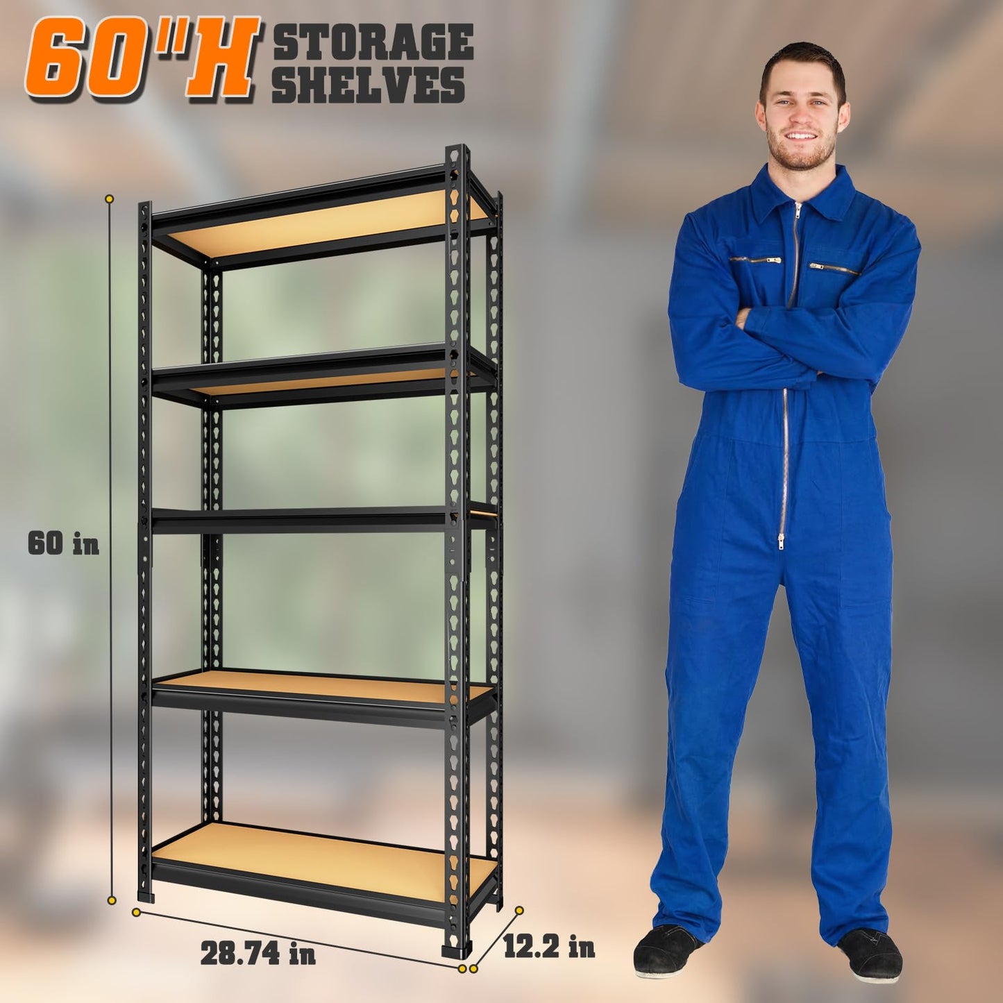LEVELEVE 5-Tier Storage Shelving Unit, Metal, for Garage, Kitchen, Laundry Room, Adjustable, 30" L x 12" W x 60" H, Rectangular, 2 Pack