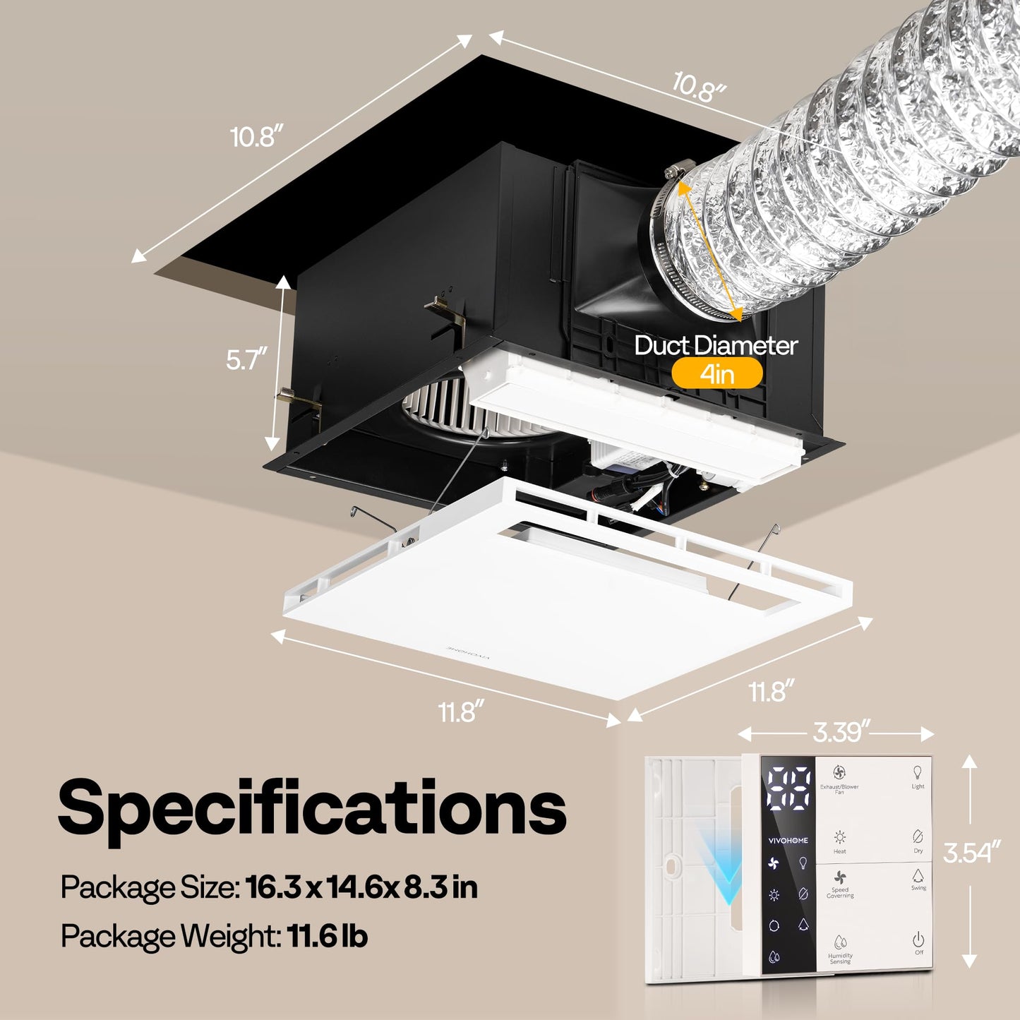 VIVOHOME Bathroom Exhaust Fan with 1600W PTC Heater, Humidity Sensor & LED Light, Ceiling Mount Ventilation Fan, 160 CFM DC Motor, 3 Color Temperatures, Remote Control, Oscillating Louver