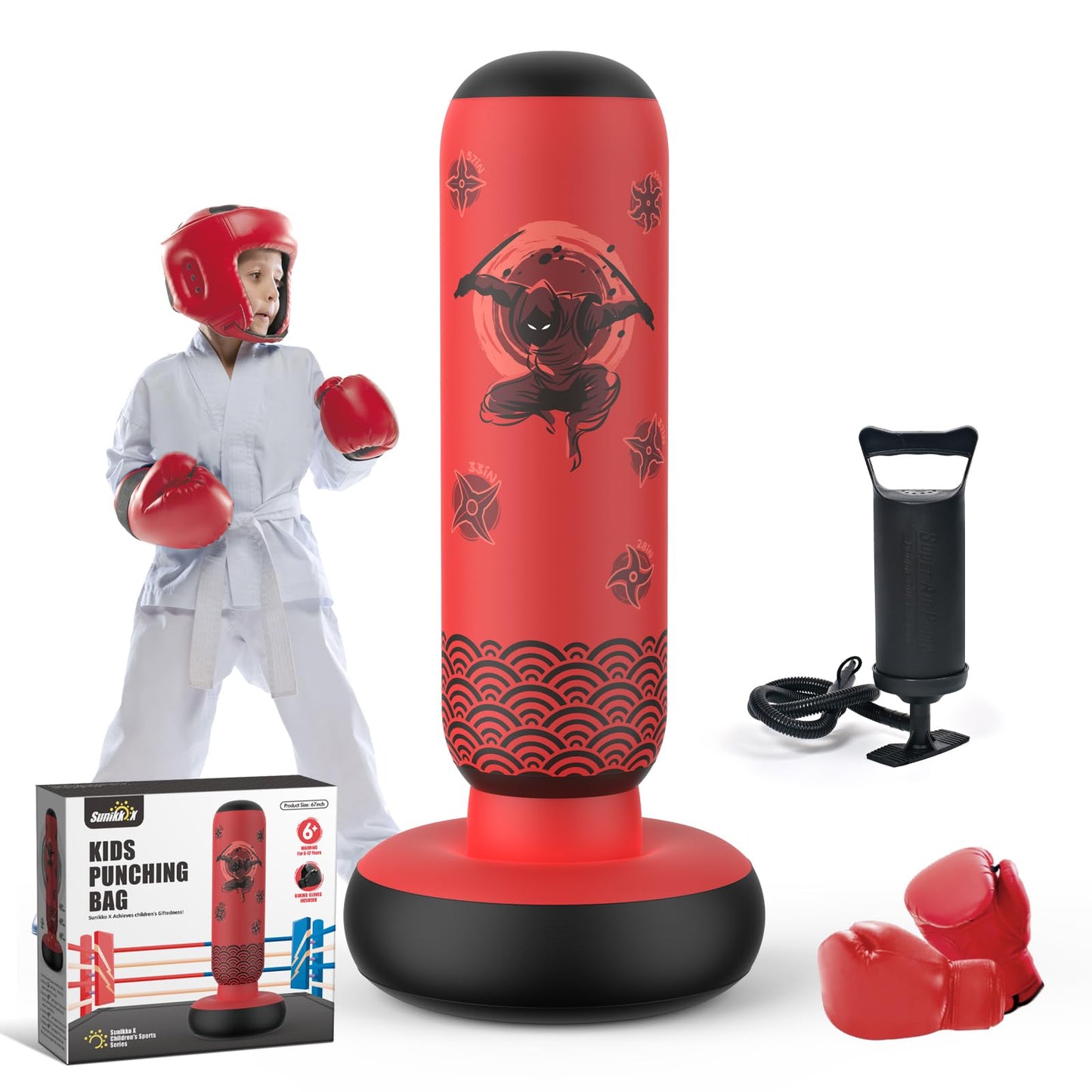 Sunikko X Tall Punching Bag for Kids, Larger 66 Inch Inflatable Stable Boxing Bag for Teens, Ninja Shuriken Toy Gifts for Boys Girls, Boxing Set with Gloves and Pump for Practicing Karate Taekwondo