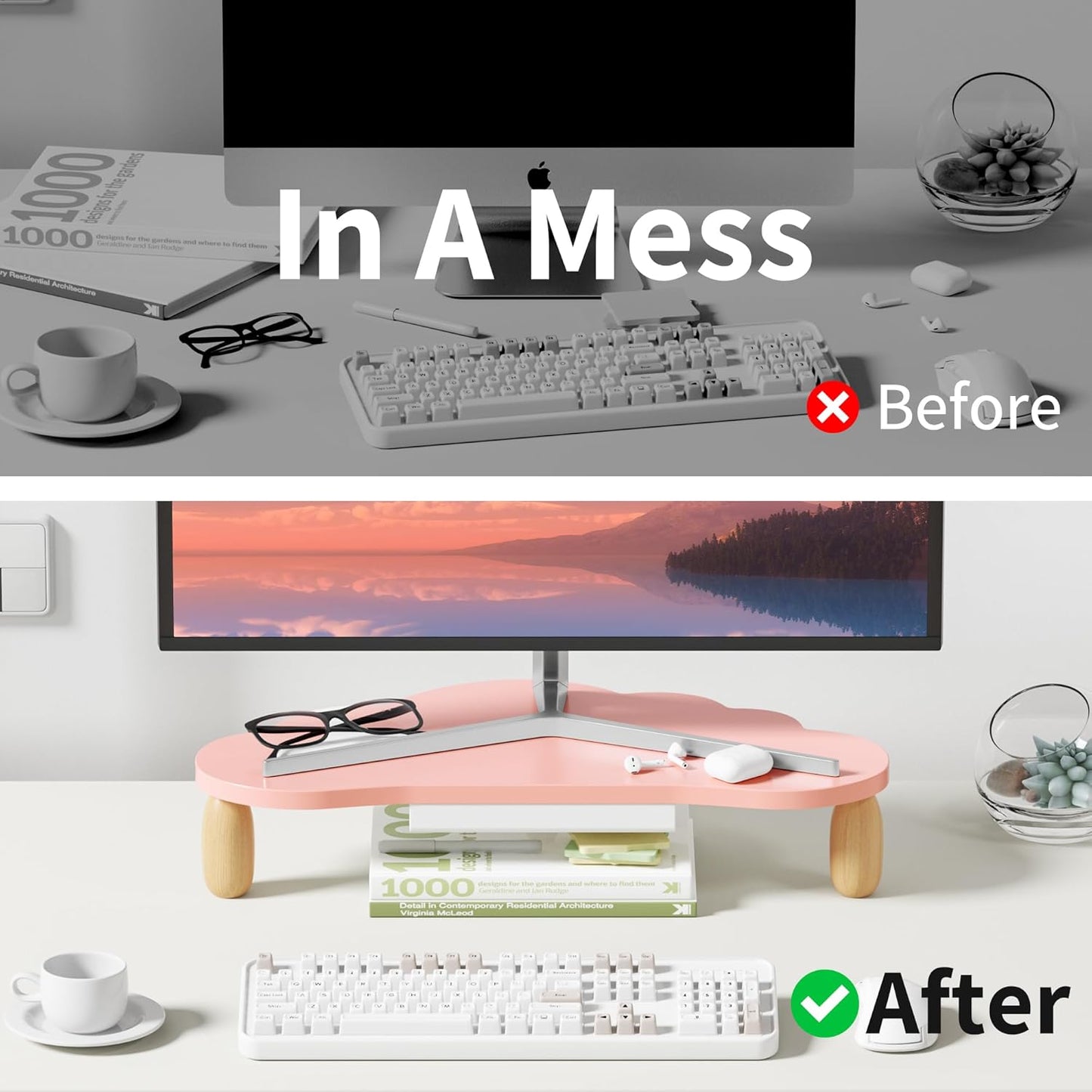 16.5In AFOOYO Monitor Stand Riser,Cloud-Shaped Sturdy Wood Computer Monitor Riser Wirh Drawer, Multi-Purpose Desktop