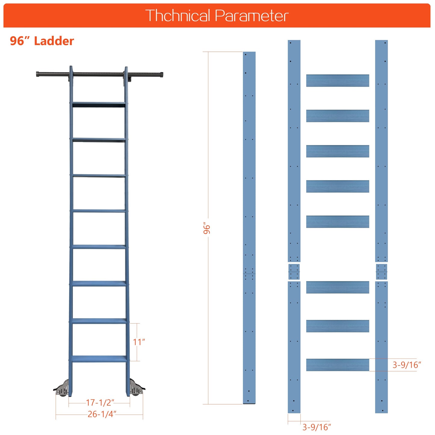 96" Sliding Library Ladder, Blue +8FT Rolling Track Kit