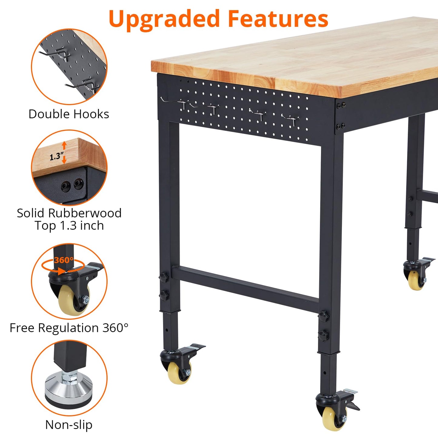 ACONEE 48" Adjustable Workbench, Heavy Duty Workstation 2000 LBS Load Capacity, Rubber Wood Top Workstation with 4 Rolling Casters, Power Outlets, Metal Frame, Wood Top Workbench for Workshop Garage