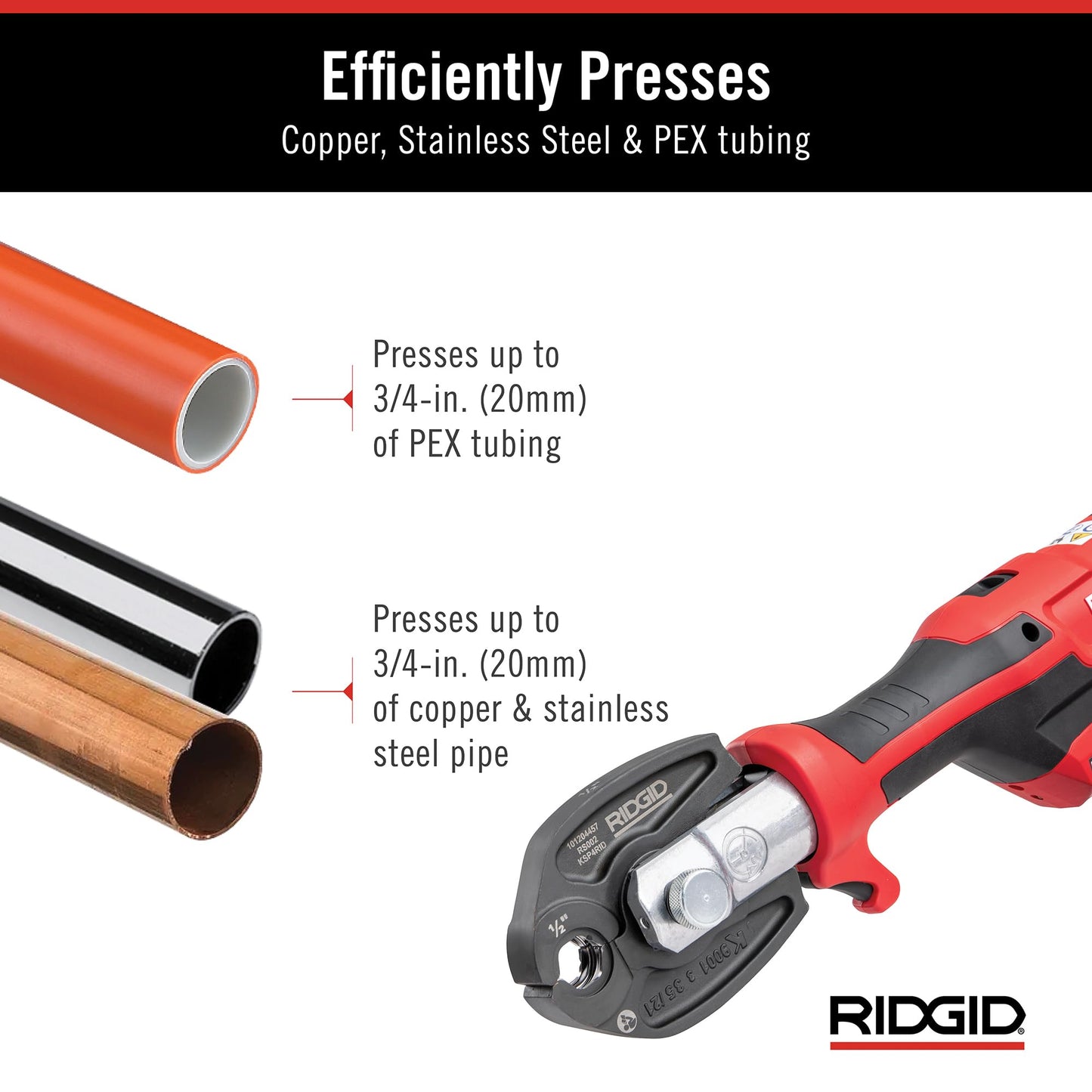 RIDGID 72558 Model RP 115 Mini Press Tool and Battery Kit with 1/2" to 3/4" ProPress and PureFlow Press Tool Jaws, 2V Li/Ion Battery, 12V Charger, and Carrying Case