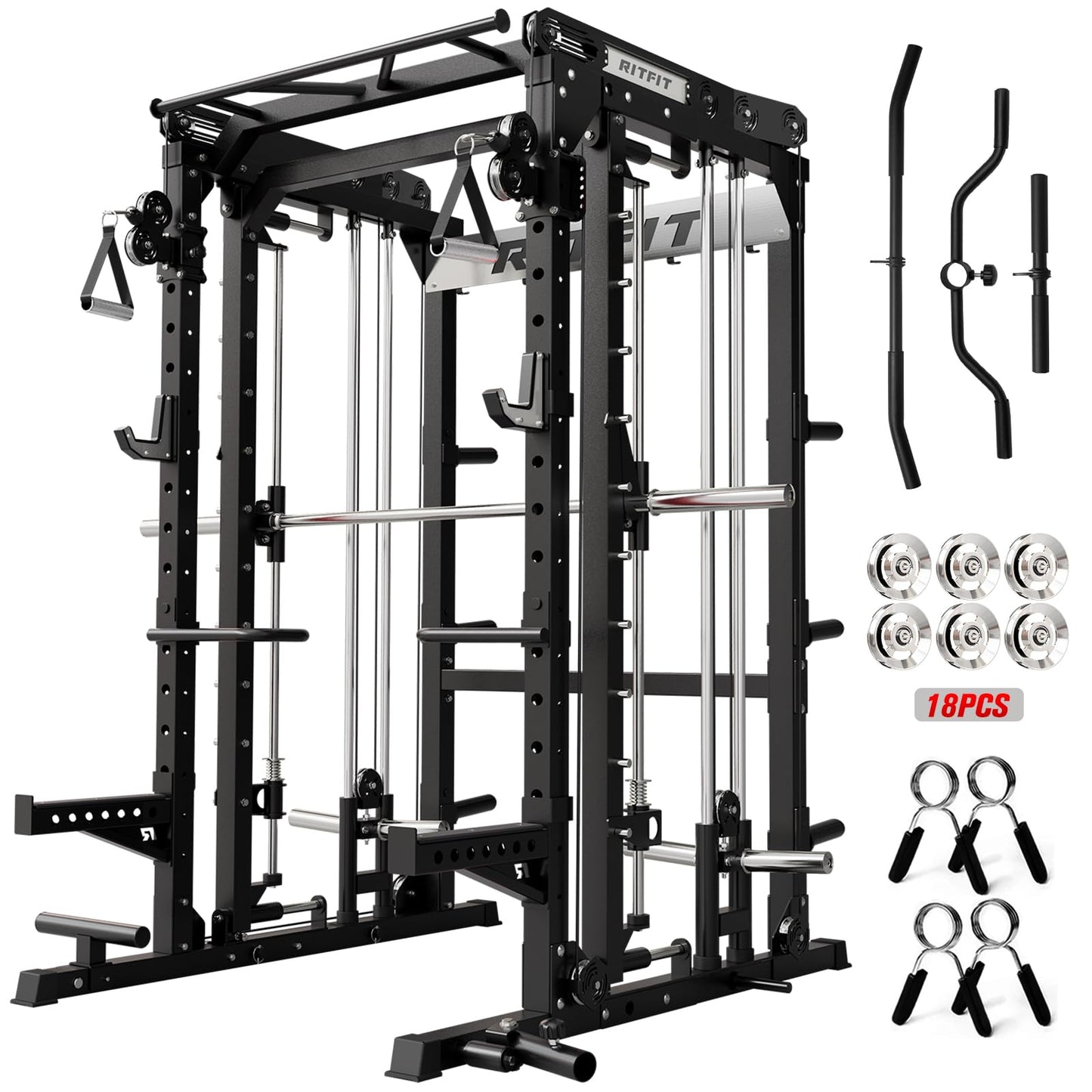 RitFit M2 Smith Machine with with Cable Crossover System, 3D Functional Trainer & Power Cage, 16 Adjustment Holes, 6 Storage Pegs for Full-Body Home Gym(M2-3D Black)
