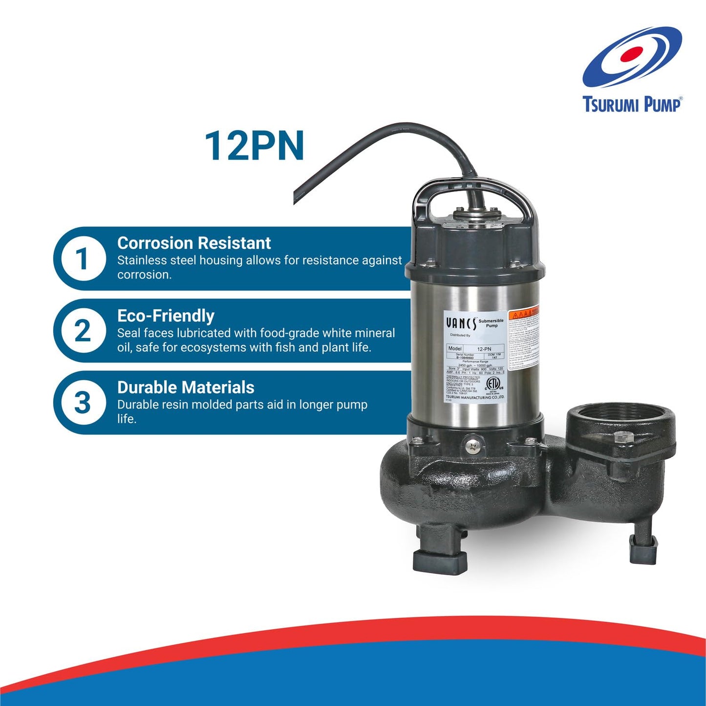 Tsurumi Pump 12PN | Submersible Pond Pump/Waterfall Pump | 1 HP, 115V, 3 in Discharge | Low Head/High Volume Water Pumps Ideal for: Water Features, & Formal Fountains | 133 GPM / 8000 GPH