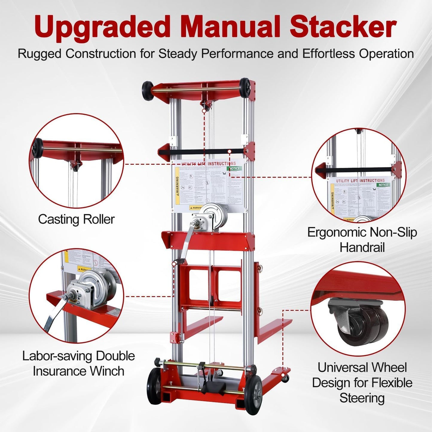 ELOMBR 122" 400lbs Material Lift Winch Stacker with Upgrade Effortless Winch, Hand Winch Lift Truck with Fixed-Leg, Manual Material Lifter Pallet Stacker for Contractor, Workshop, Industrial, Red