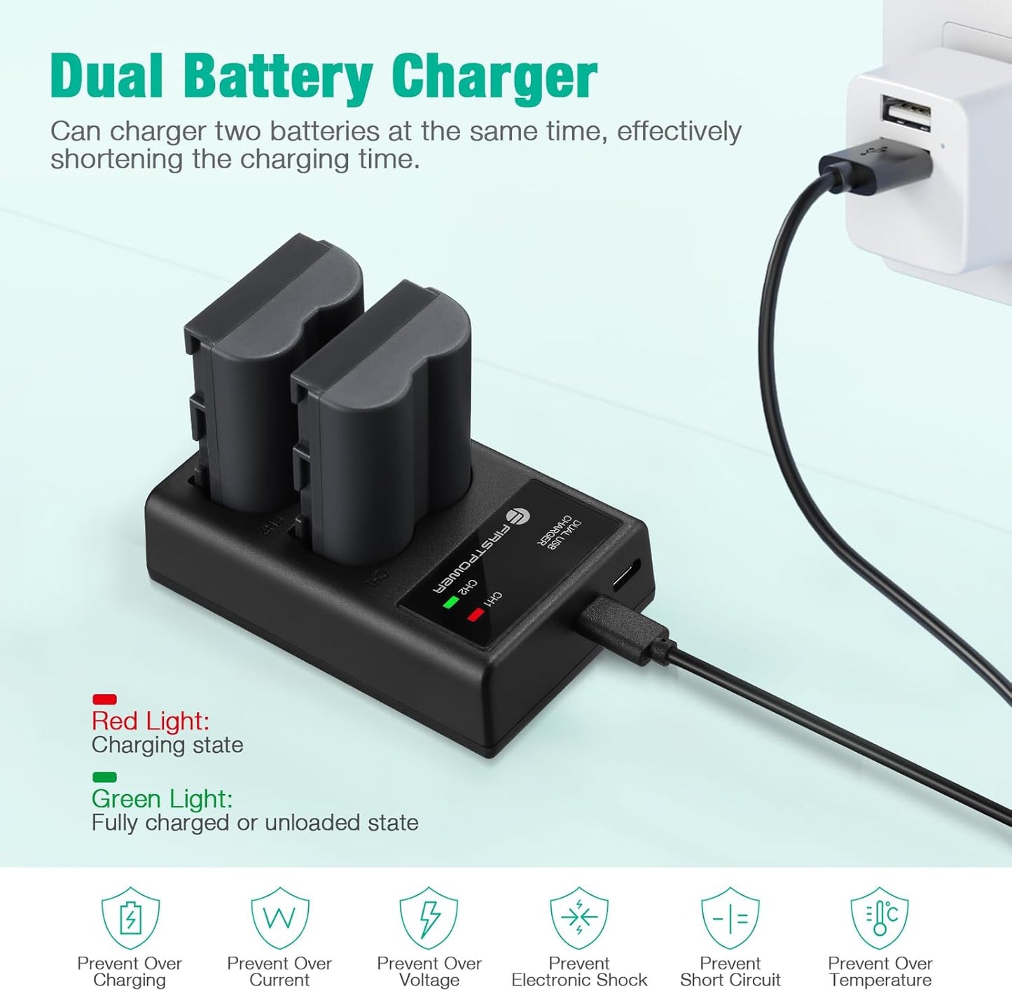 FirstPower BP-511 BP-511a 2-Pack 2200mAh 5D 10D 20D 20Da 30D 40D 50D 300D D30 D60 Battery and Dual USB Charger