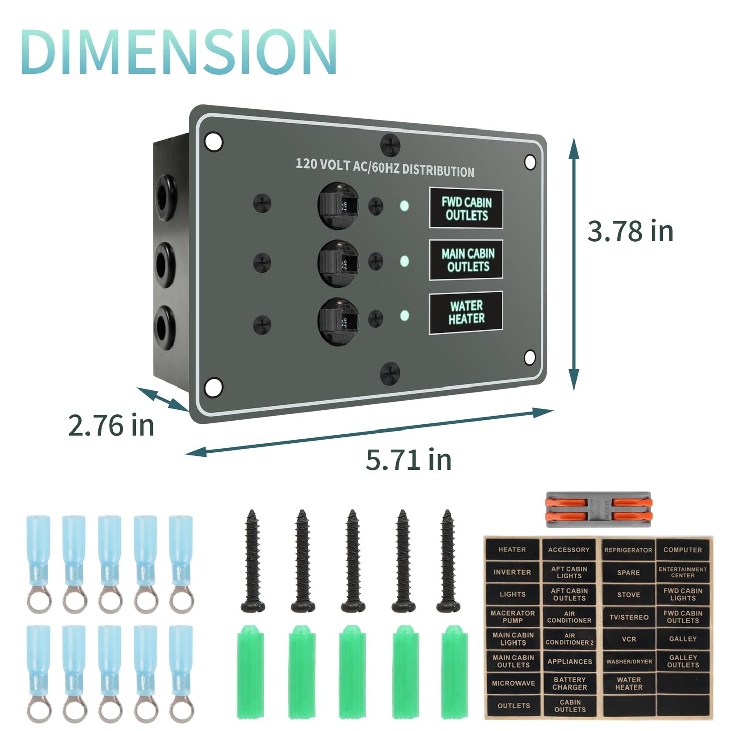 Haoguo Marine Distribution Switch Panel, 120VAC 3-Position Circuit Breaker with LED Indicators, 12VDC Backlit Board, Multiple Labels, Overload Protection, for Boats, RVs, and Home AC Circuits,HCTP-03