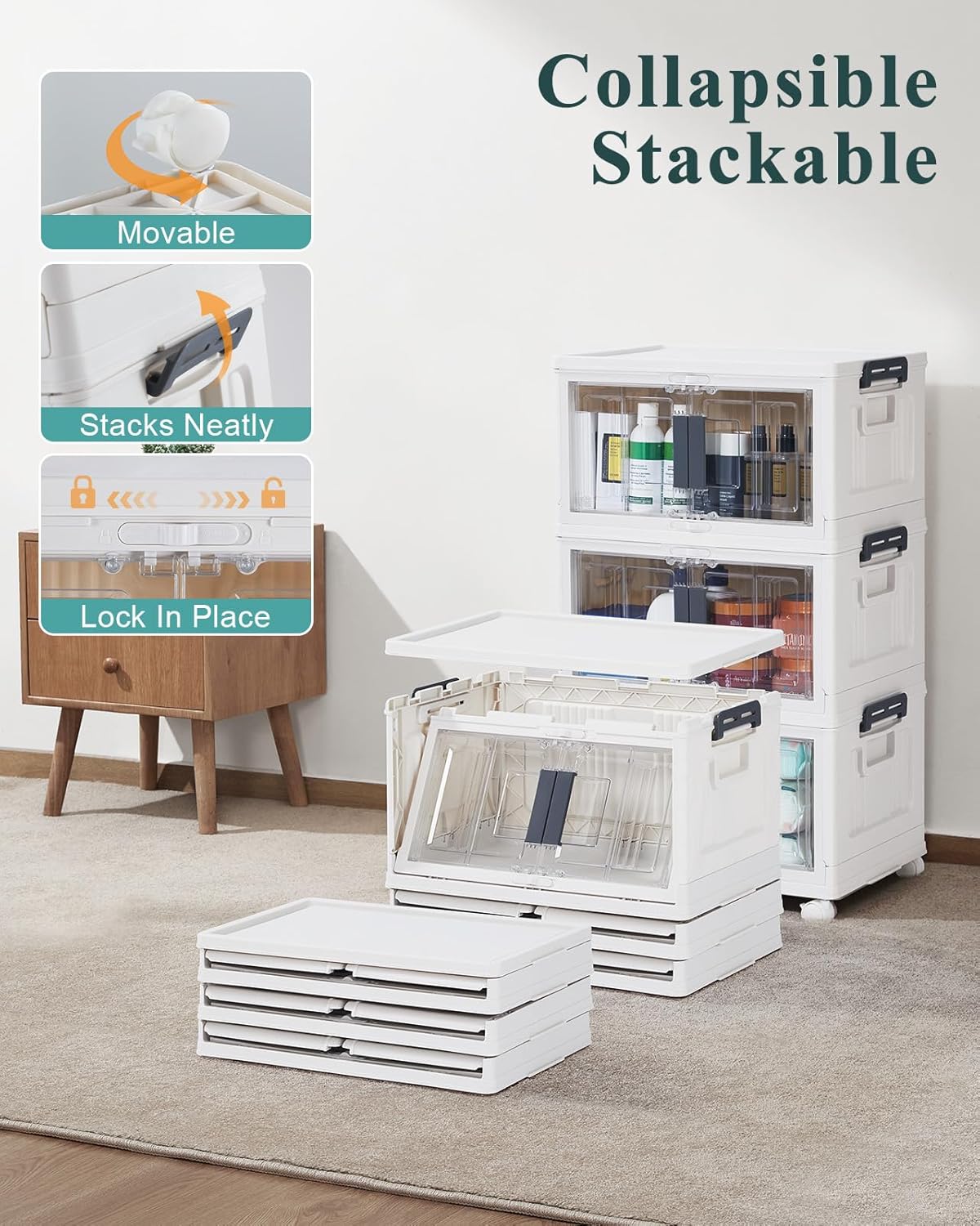 OlarHike 23QT Stackable Storage Bins - Collapsible Plastic Boxes with Lids & Wheels | 3-Pack for Easy Organization