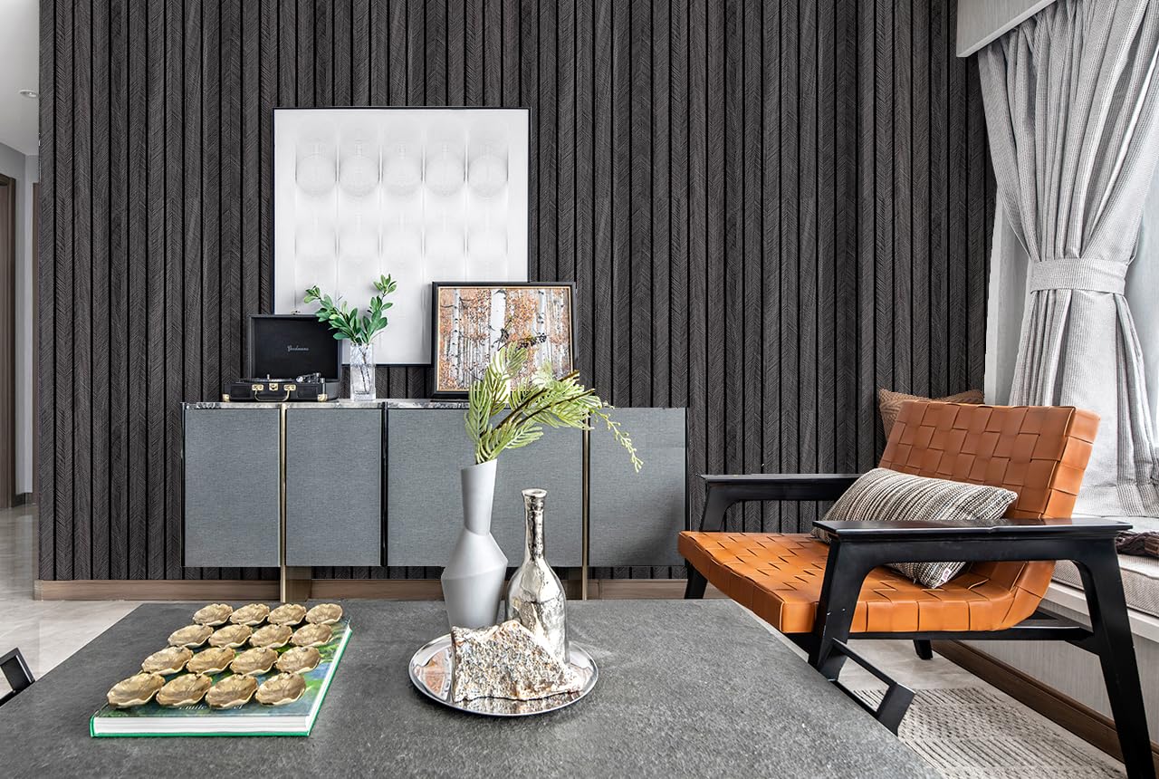 WaveSpace Self-Adhesive PVC Slat Wall Panels, Peel and Stick Wood Panels 118"x15.75", Thick Faux Black Oak Wood Grain Wallpaper Panels 3D Soundproof Wall & Ceiling Panels Decorativos para Pared