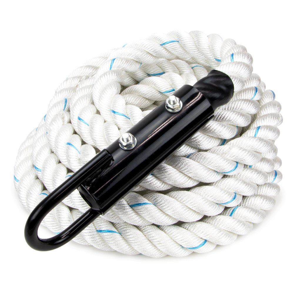 Crown Sporting Goods 1.5" Gym Climbing Rope for Adults (30-foot) - Poly Dacron Twist with Carabiner Eyehook - Strength Conditioning, Physical Education Fitness Equipment, Home Workout