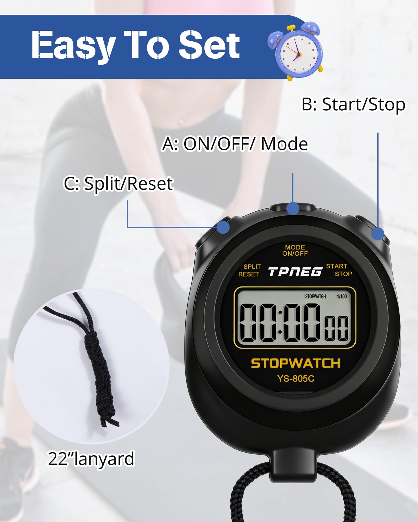 TPNEG Simple Stopwatch Timer - Easy to Use, Set Up, Read, and Carry - Large Display - On/Off, AAA Battery, No Hourly Beep - Ideal for Kids, Track and Field, Sports, Classroom - Stopwatches for Coaches
