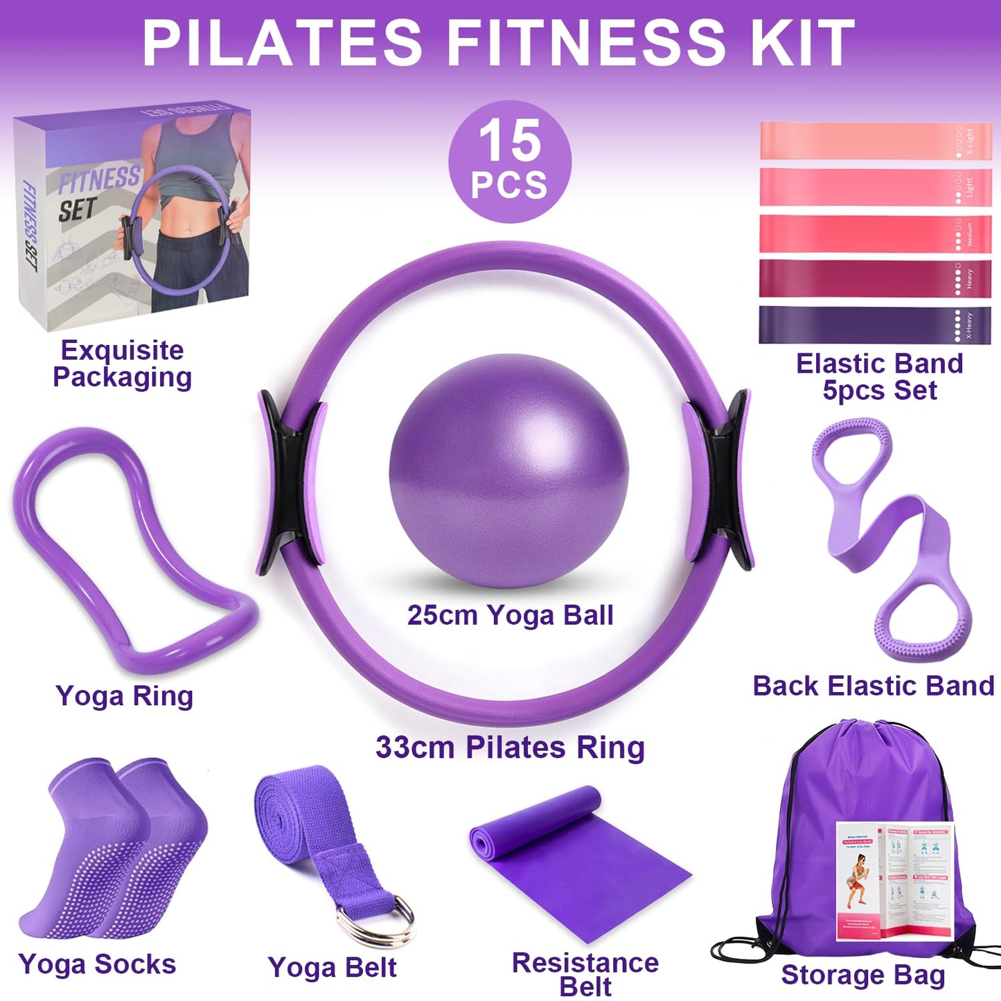 Pilates Ring Equipment Set, Home Pilates Kit for Women with 13’’ Magic Ring with Dual Padded Handles, Small Pilates Ball, 5 Resistance Bands & Complete Fitness Guide, Pilates Essential Accessories