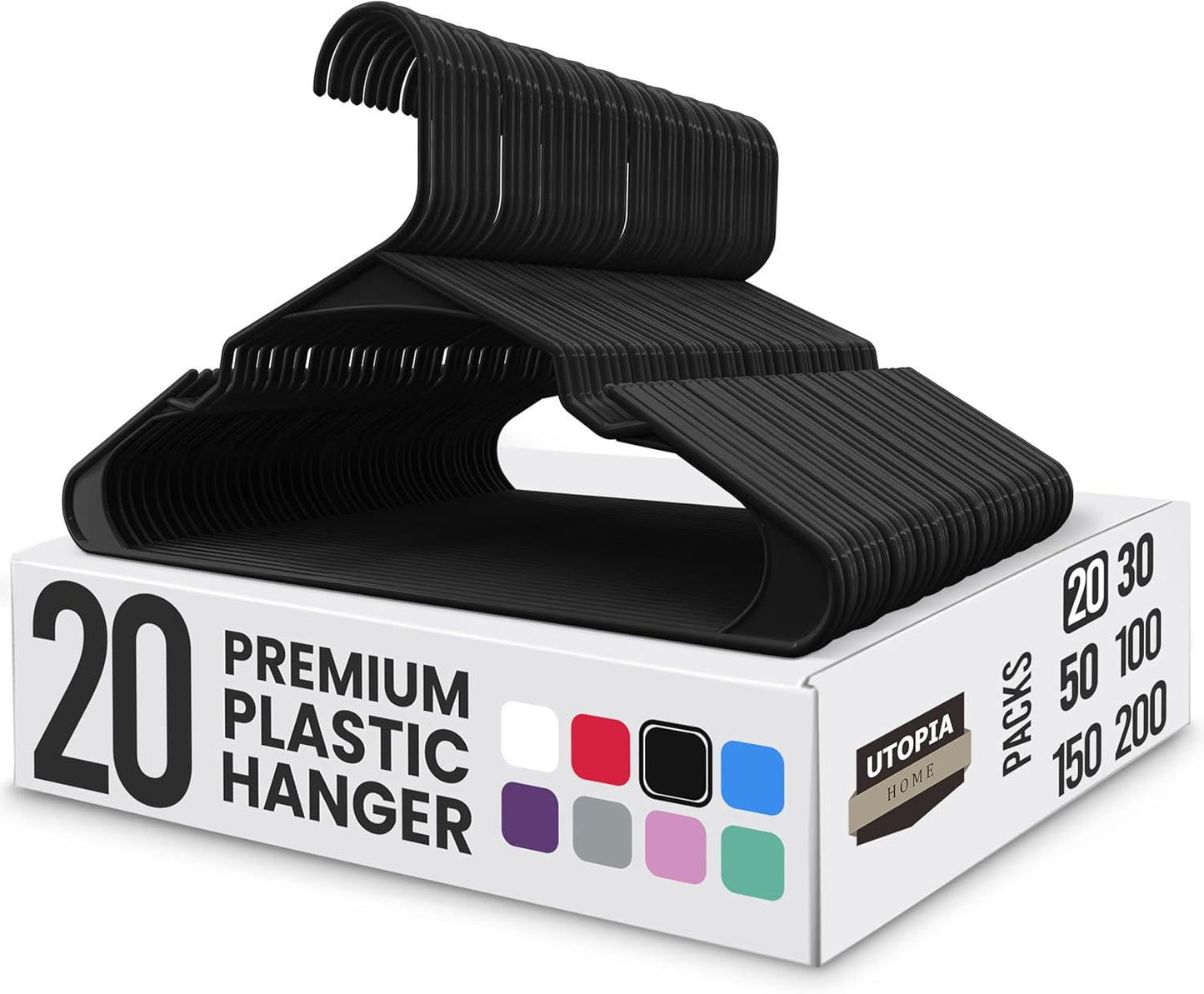 Utopia Home Plastic Hangers 20 Pack - Durable Space-Saving Clothes Hangers - Black Closet Organizers