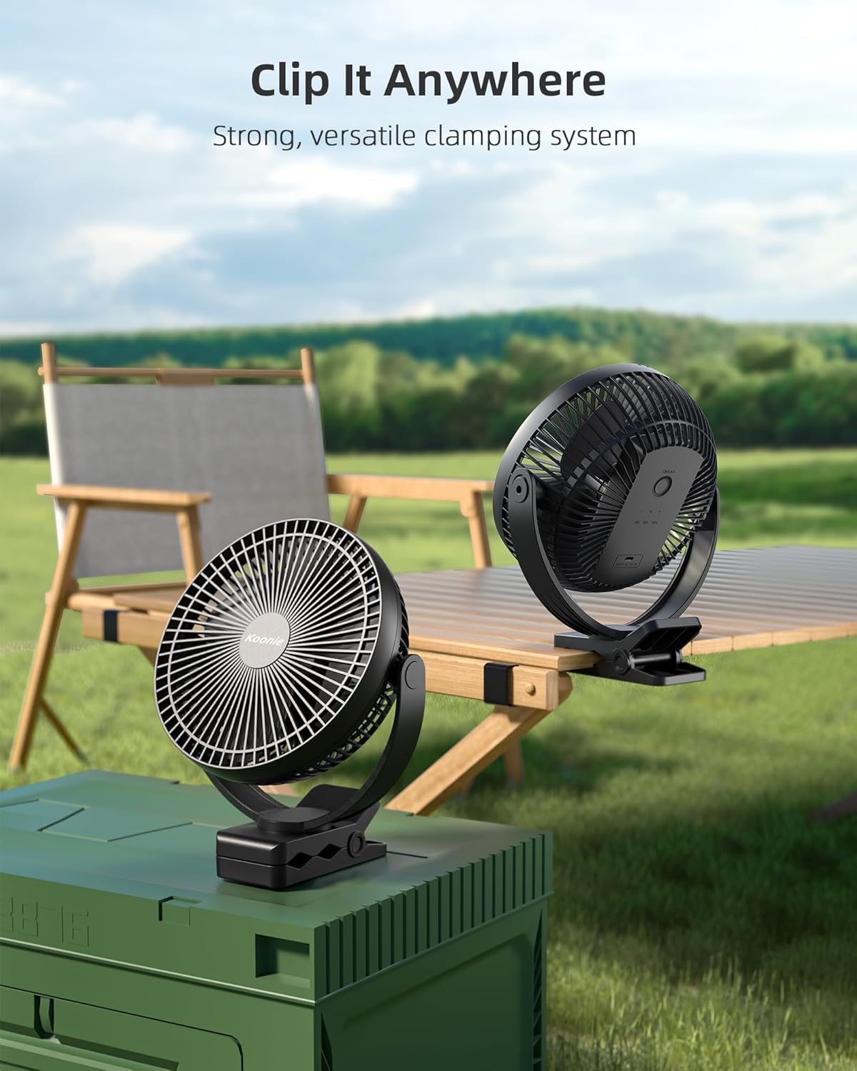 10000mAh 8-Inch 4 Koonie Clip on Fan Rechargeable, Battery Operated Desk Fan, USB Fan, Speeds, Strong Airflow, Sturdy
