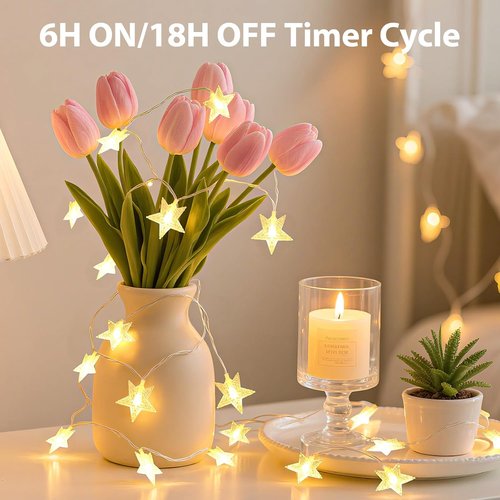Lakumu Star String Lights - 17FT LED Fairy Lights with 50 Twinkling Stars & 8 Modes | Battery Operated Warm White Indoor Decor