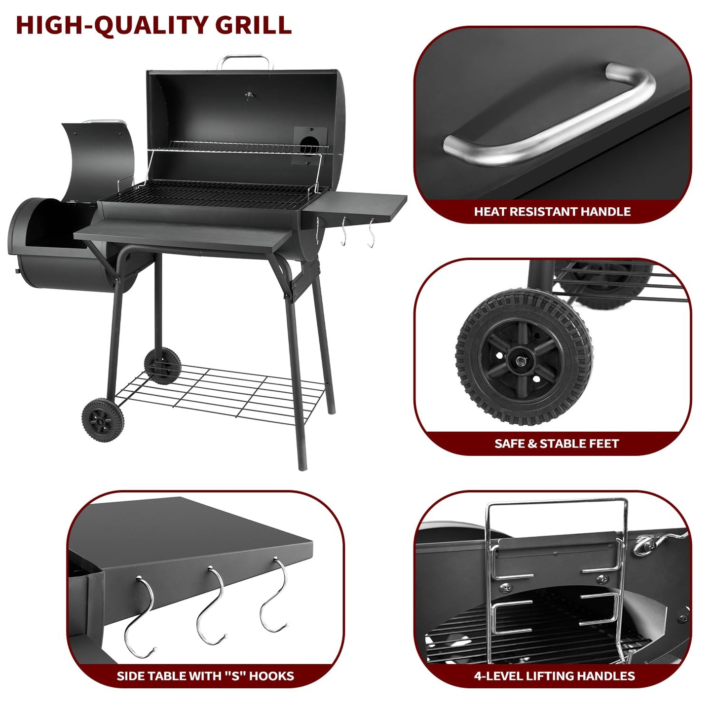 Charcoal Grill with Offset Smoker,BBQ Grills with Side Table,Outdoor Cooking with 714 Square Inches,Backyard Camping Picnics, Patio and Parties, Black by DNKMOR