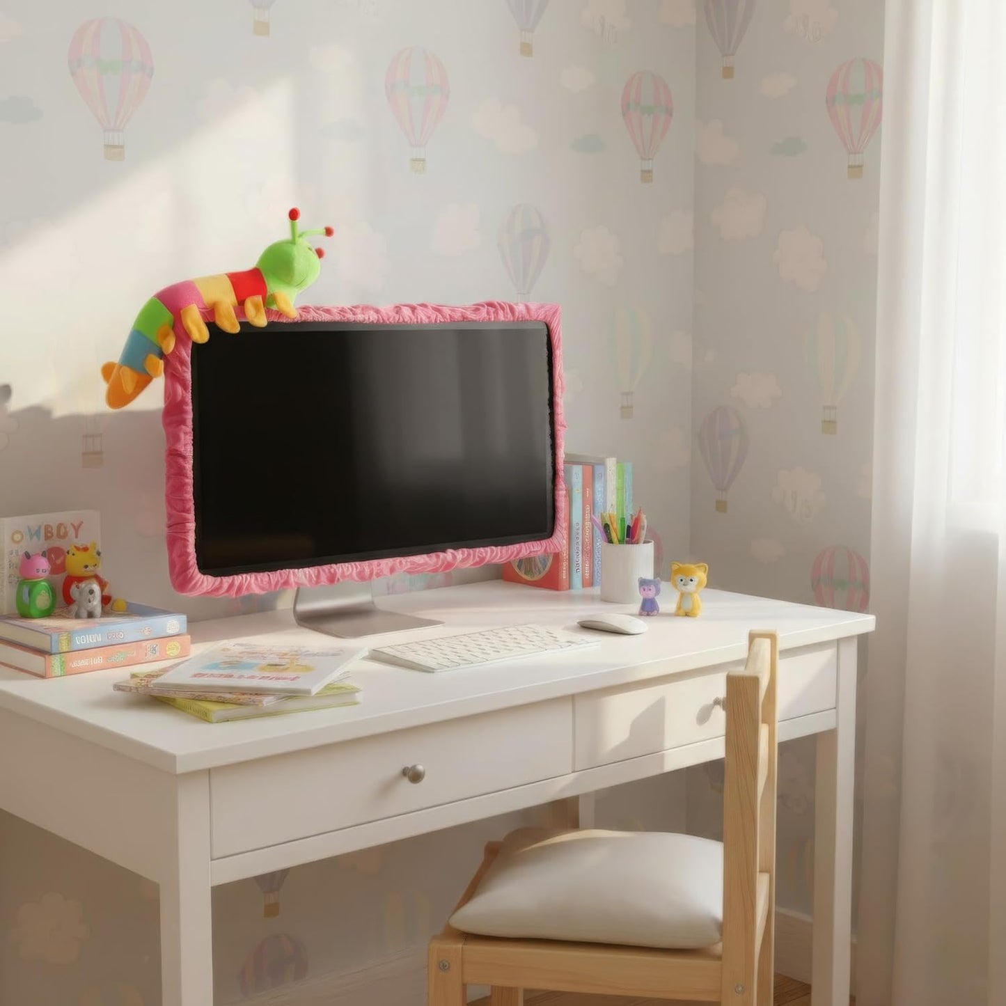 23"-27" Lovely Cute Caterpillar Computer Monitor Cover with Elastic, TV LCD Screen Monitor Decoration Dust Cover