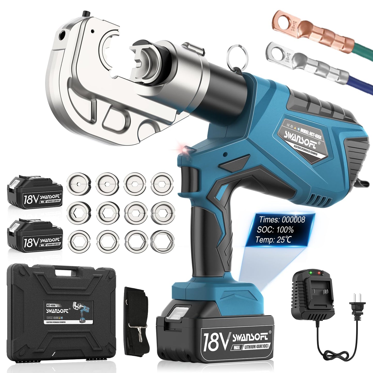 SWANSOFT Electric Hydraulic Crimping Tool, 12Ton 6AWG-800MCM Rechargeable Hydraulic Crimper for Cu/Al Terminal, Continuously Crimp Wire Cable Lug Crimping Tool Kit with 12 Dies (HCT-400A)