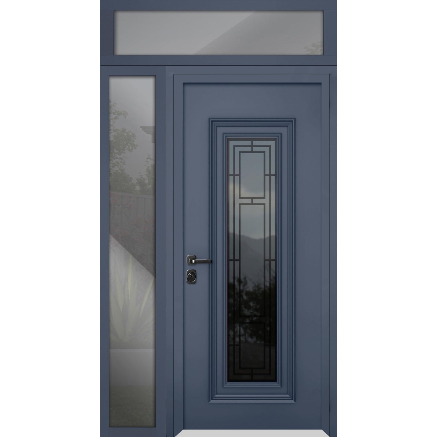 VDOMDOORS Front Exterior Prehung Steel Door/Ballucio 6044 Gray Graphite/Side and Top Exterior Window/Stainless Inserts Single Modern Painted-W36+12" x H80+16"-Right-Hand Inswing