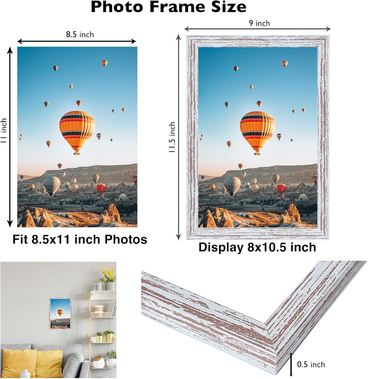 Rustic White Picture Frame by [Brand Name] - 8.5x11 Wall & Tabletop Display | Durable Shatter-Resistant Plexiglass