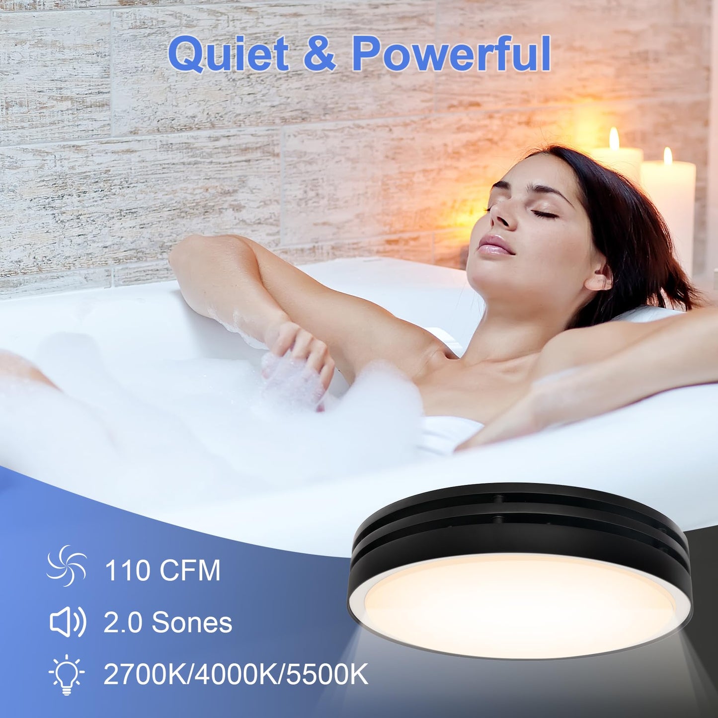 Akicon Bathroom Exhaust Fan with Light, 110CFM, 2.0 Sones for Ceiling, 1000lm Dimmable LED Light and 150lm Nightlight Dual Color Bathroom Vent Fan for Home, Round, Black