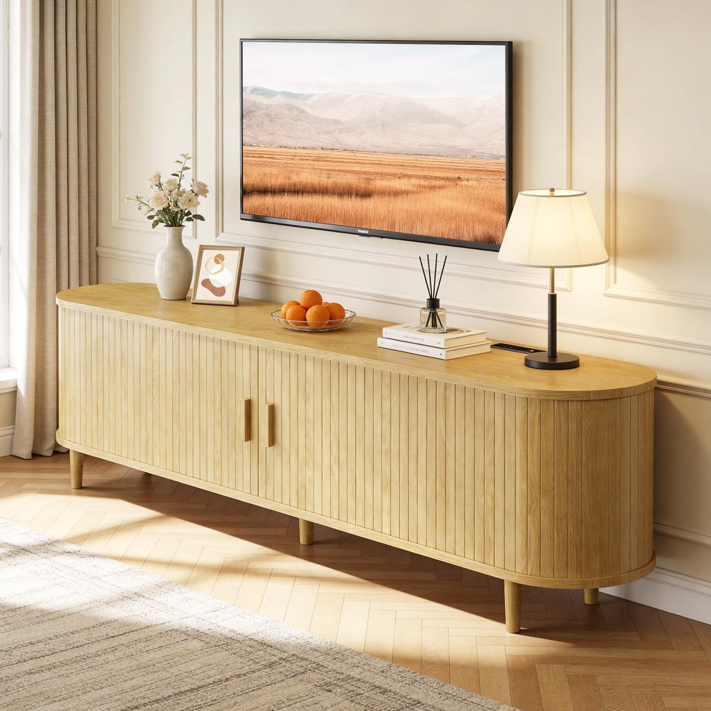 OneBlis 65" Mid Century Modern TV Stand with Power Outlet, Fluted Entertainment Center with Storage and Adjustable Shelves, Wood TV Console with Sliding Doors for Living Room, Oak
