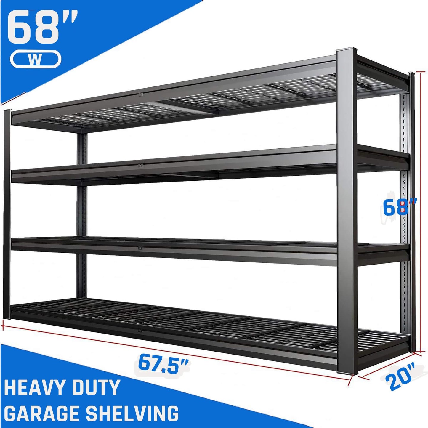 PMKES 67" W Garage Shelving Heavy Duty, 4 Tier Garage Shelves, 68" H Adjustable Storage Shelving Unit, Commercial Metal Shelves for Warehouse, Basement, Shop, 67" W x 20" D x 68" H