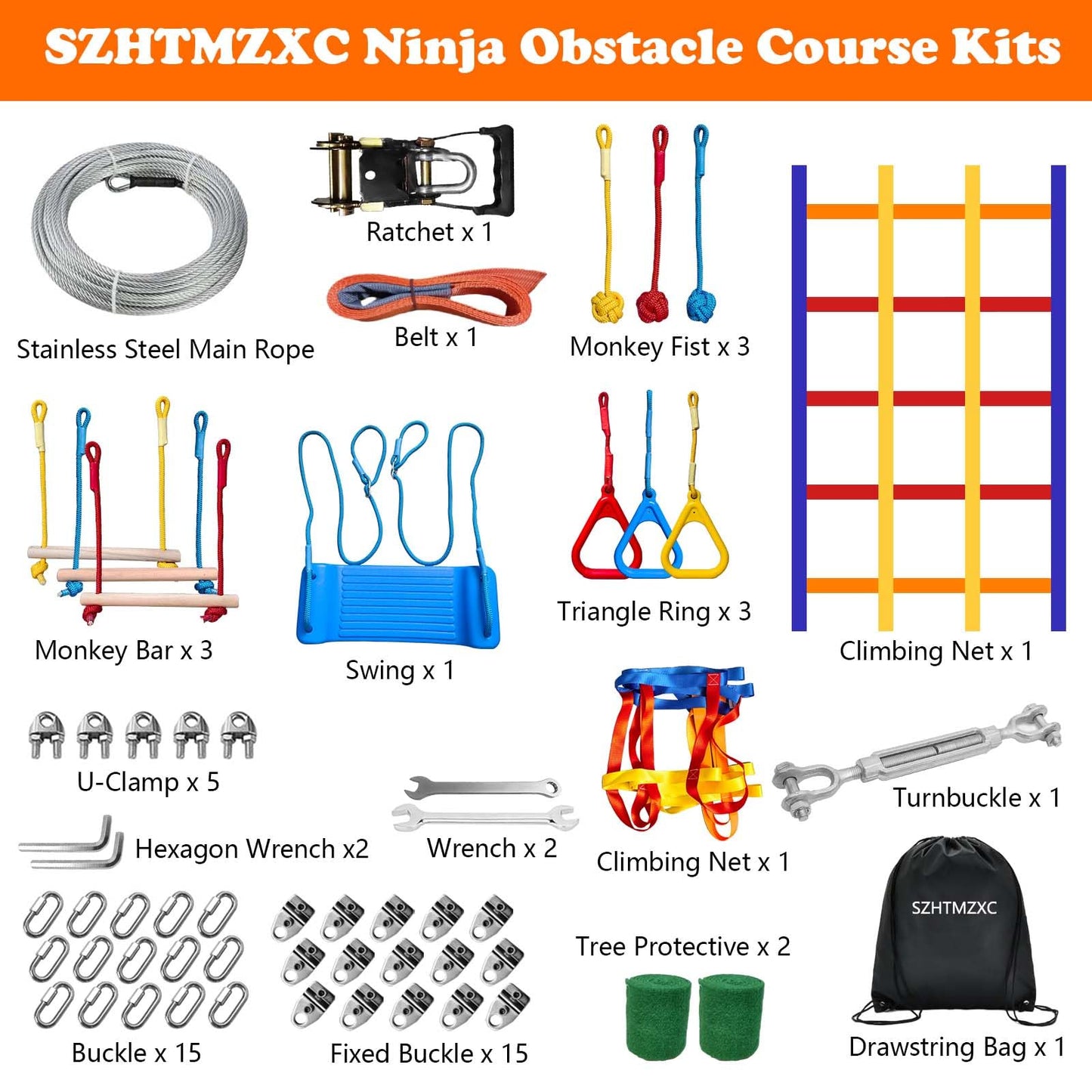 SZHTMZXC Ninja Warrior Obstacle Course for Kids Backyard Outdoor, 55ft Stainless Steel Main Cable, No Sagging, No Fraying, Weatherproof, 11 Pcs Training Accessories, Monkey Bar, Climbing Net, Swing