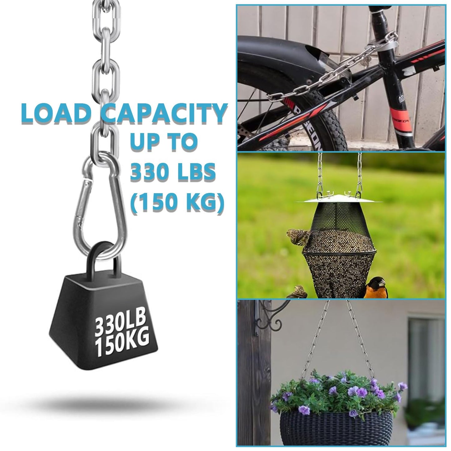 Favuit Heavy Duty Stainless Steel Chain, Hanging Safety Link Chain Fitness Chain Weight Lifting Chains with Carabiners for Home Gym Hammock Swing Hanging Chair Punching Bags (2 Pack)