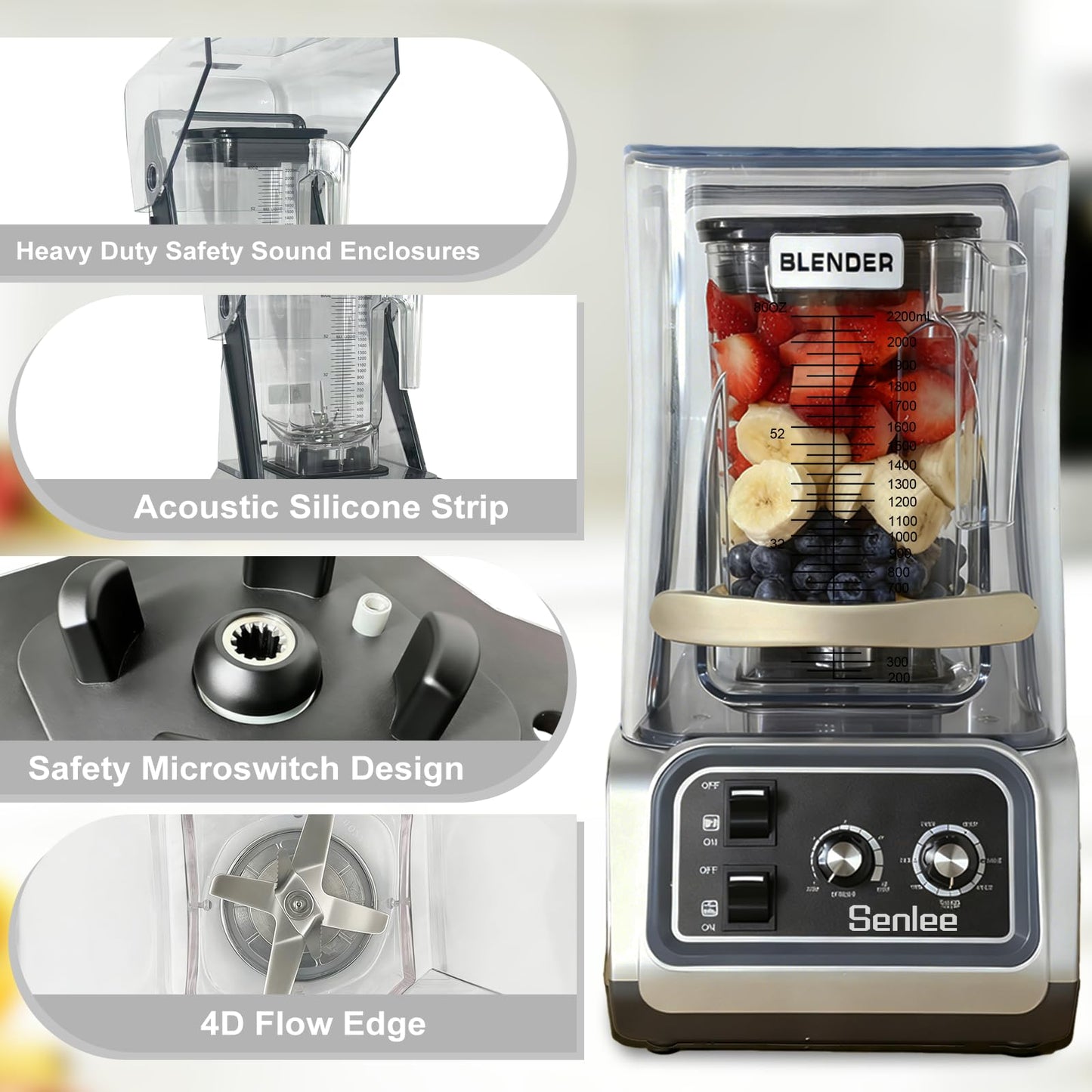 Commercial Blender for Smoothies 2200W With Quiet Shield,80oz BPA-Free Pitcher for Shakes,Self-Cleaning & Ice Crush Pro,6-leaf Stainless Steel Blade,Smoothie & Shake Maker for Restaurants, Kitchens