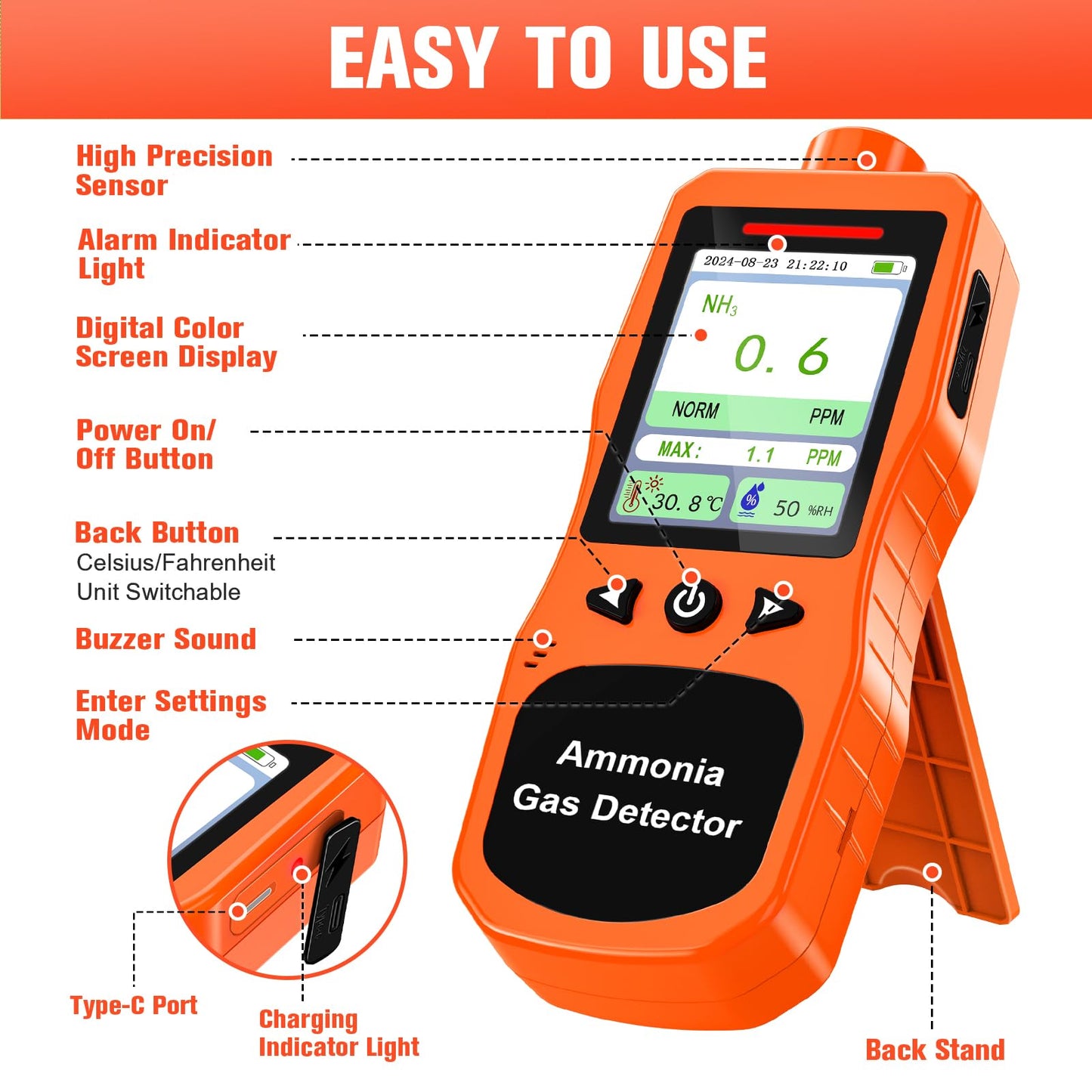 ZYKYCX Portable Ammonia Gas Detector, 0-200 PPM Rechargeable Ammonia Gas Monitor, Digital Air Quality NH3 Gas Meter with Temperature Humidity Tester for Farm, Poultry, Pig & Livestock, Orange