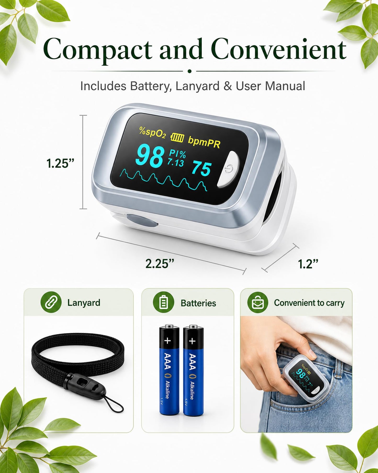 Healthtree JKS50B Pulse Oximeter Fingertip - Blood Oxygen monitor Fingertip with Perfusion Index, Fast 5-8s Reading, Large OLED Display, SpO2 & Heart Rate monitor for Home, Sports, Travel (Includes Batteries & Lanyard)