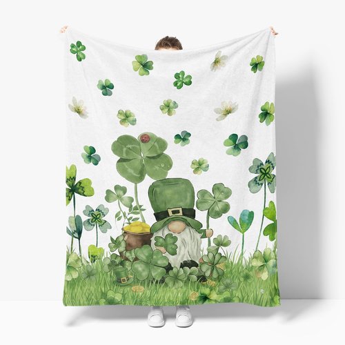 Horaldaily St. Patrick's Day Flannel Blanket Throw, Shamrock Gnome Lawn Watercolor Style Soft Fuzzy Plush Cozy Fleece Blankets for Couch Sofa Bed Lounging, Ideal Gifts for Kids Adults Self, 50x60