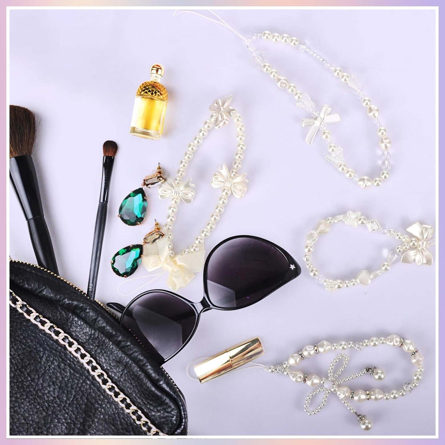 4pcs Draupnir Phone Charms Strap, Butterfly Bow Camera Strap Wrist Beaded Phone Bracelet Wrist Straps, Pearl Bracelet