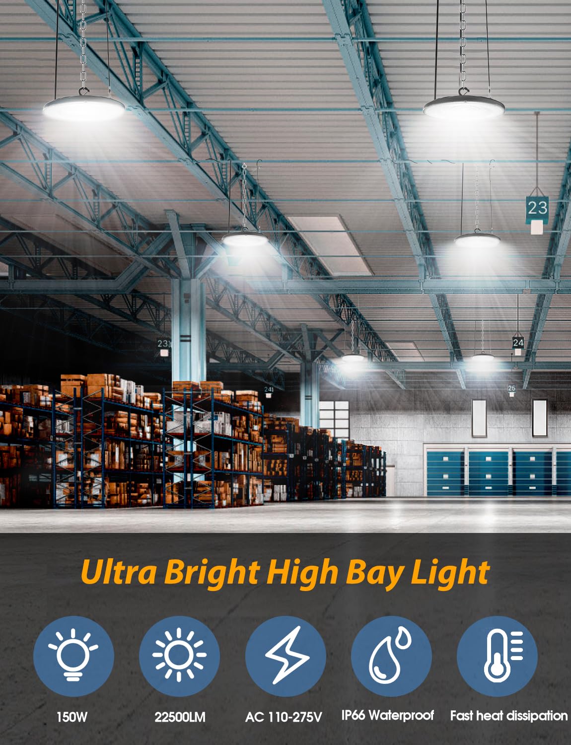 WILLGOTOP 150W 6 Pack UFO High Bay LED Shop Lights, 22500LM LED Garage Lights, Industrial Lighting, 6500K Daylight with US Plug, 110-275V IP66 Waterproof for Workshop, Warehouse, Barn, Factory