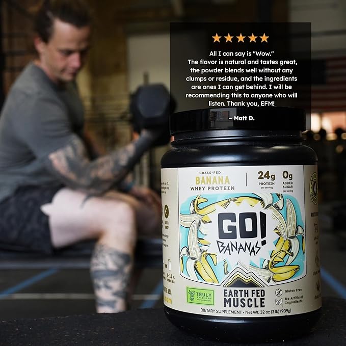 Earth Fed Muscle Go!?¯Bananas Irish Grass?‘Fed Whey Protein Isolate ??All Natural Banana Flavor, Zero Added Sugar, Soy?‘Free, Gluten?‘Free (2lb, 27 Servings, Banana)