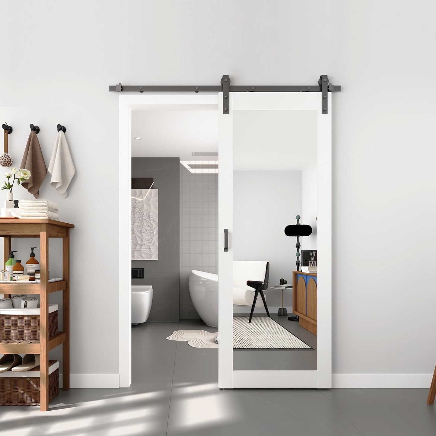 BARNSMITH 32in x 84in Mirror Barn Door with 5.5FT Sliding Door Hardware Kit Included, 1 Lites Full Length Mirror Door, Solid Wood Water-Proof PVC Surface,No Assembly Required,White