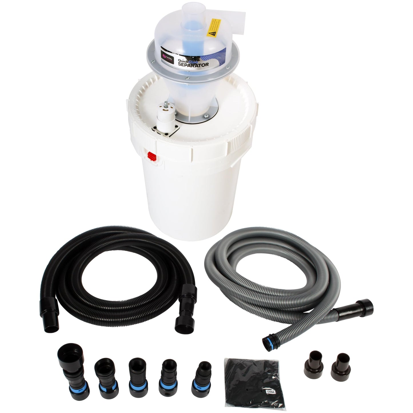 Assembled Quick Click Dust Separator with 12 Gallon Locking Collection Bin and Power Tool Adapter Set with 16 Ft. Hose, 10 Ft. Connection Hose, and Air Relief