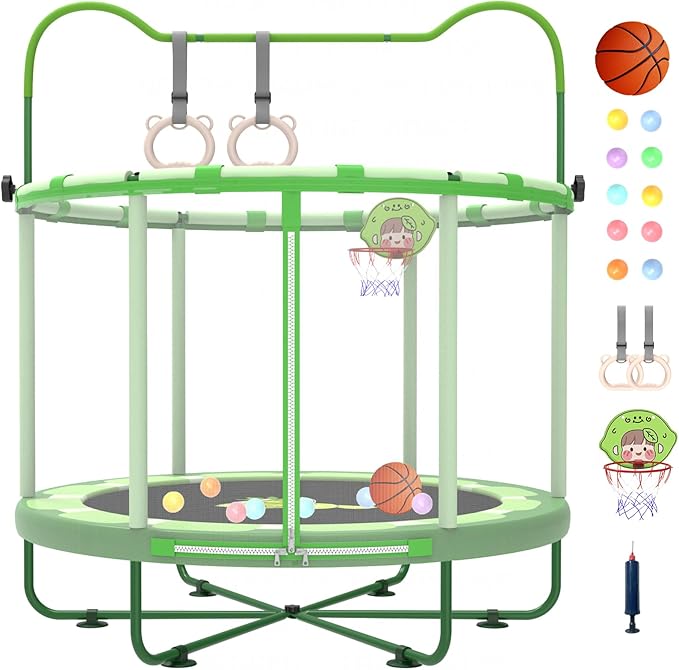 Gardenature 60" Kids Trampoline Indoor, 5ft Toddler Mini Trampoline with Basketball Hoop, Gymnastics Bar, Rings, Christmas Toys Birthday Gifts for Girls Boys Age 3-8