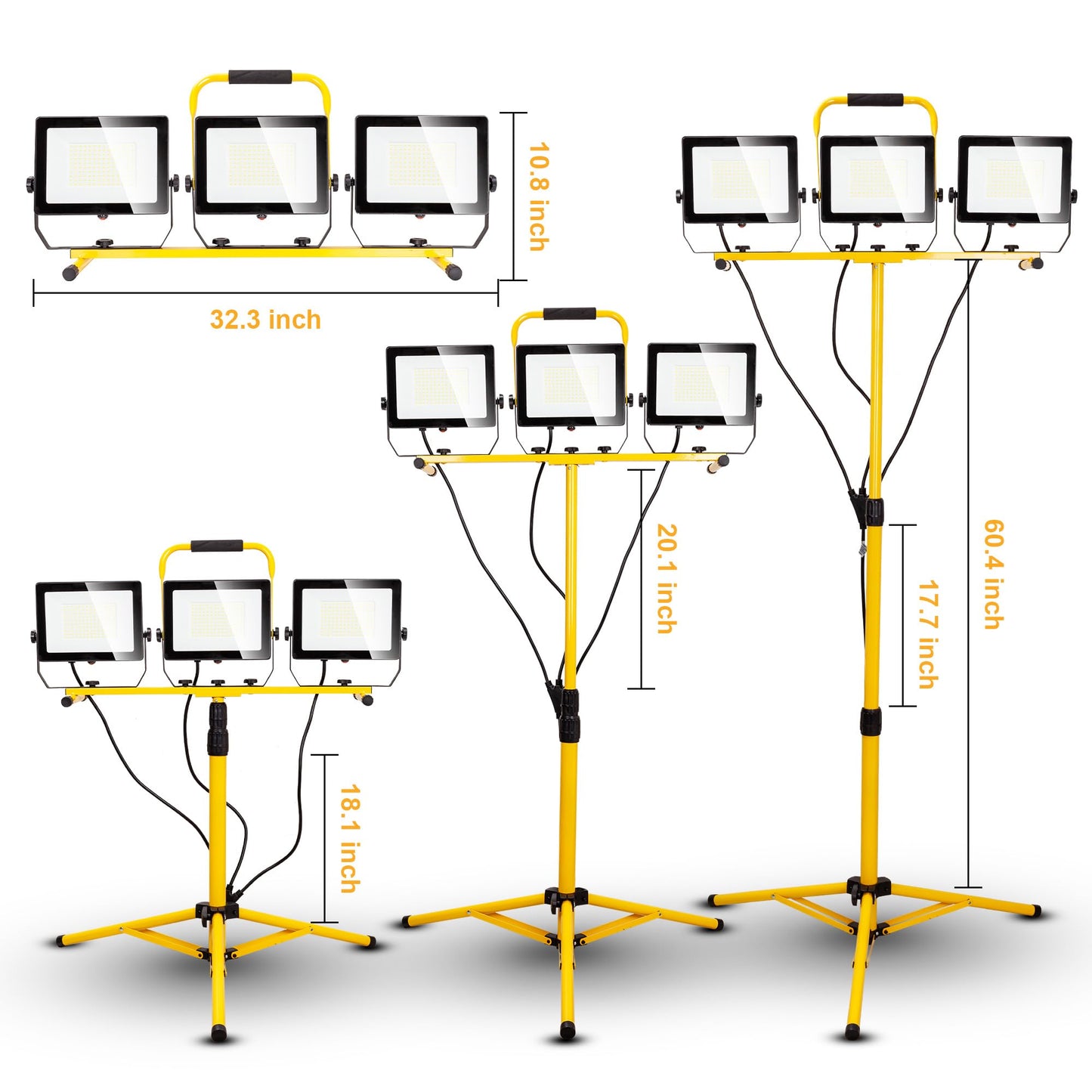 30000 Lumen Work Lights with Stand, 300W Three Head LED Work Light, Waterproof Lamp with Individual Switch, Adjustable Metal Telescoping Tripod（2 Pack）