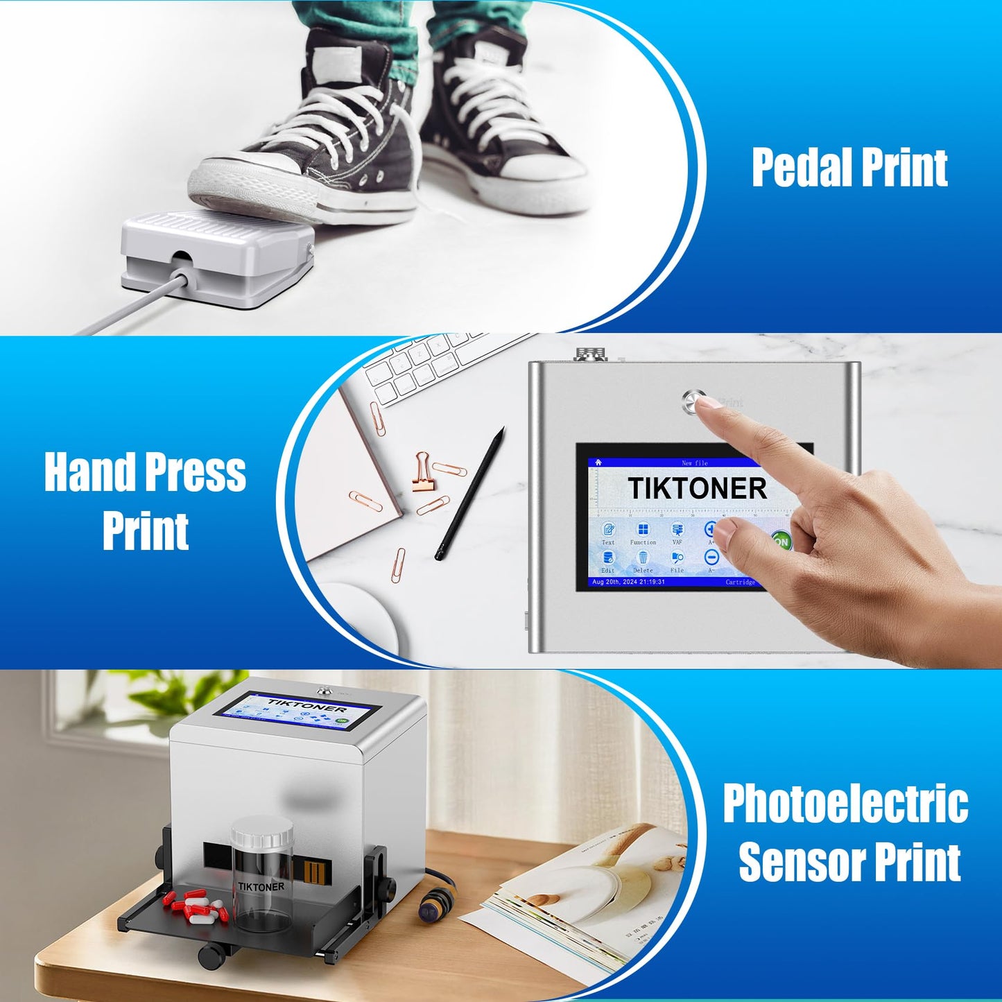 TIKTONER Inkjet Coding Machine, Date Printer with 7-inch Touch Screen Batch Code Printer with 42ml Quick-Drying Ink Cartridge Inkjet Coder for Barcode/QR Code/Number/Picture Print on Many Materials