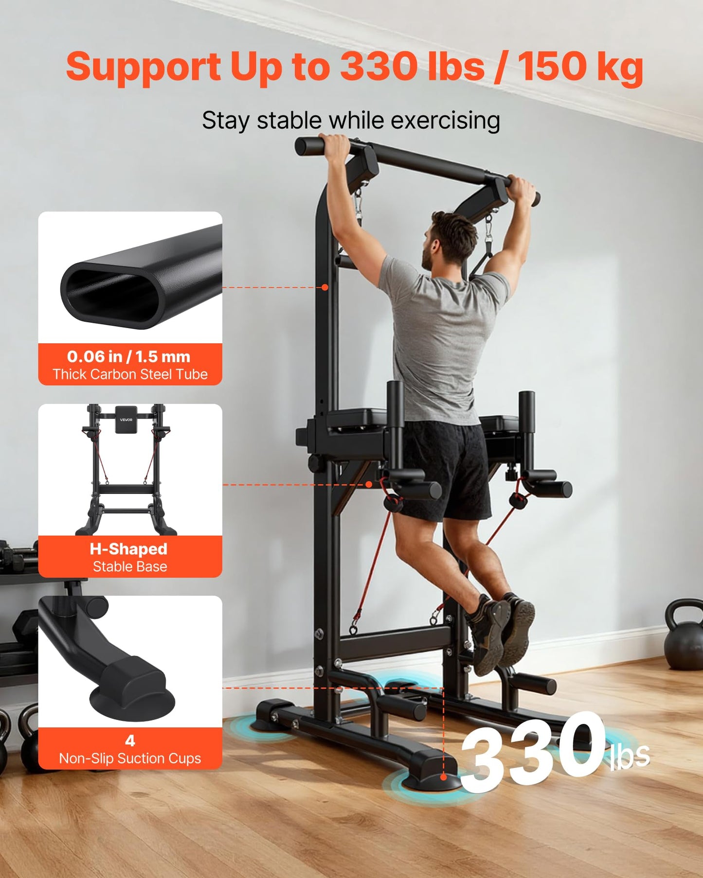 VEVOR Pull Up Bar, 330 LBS Power Tower Dip Station, Workout Dip Station with H-Shaped Stable Base & Back Pad, Adjustable 12 Level Height Free Standing Chin Up Bar for Back, 4-Level Adjustable Back Pad