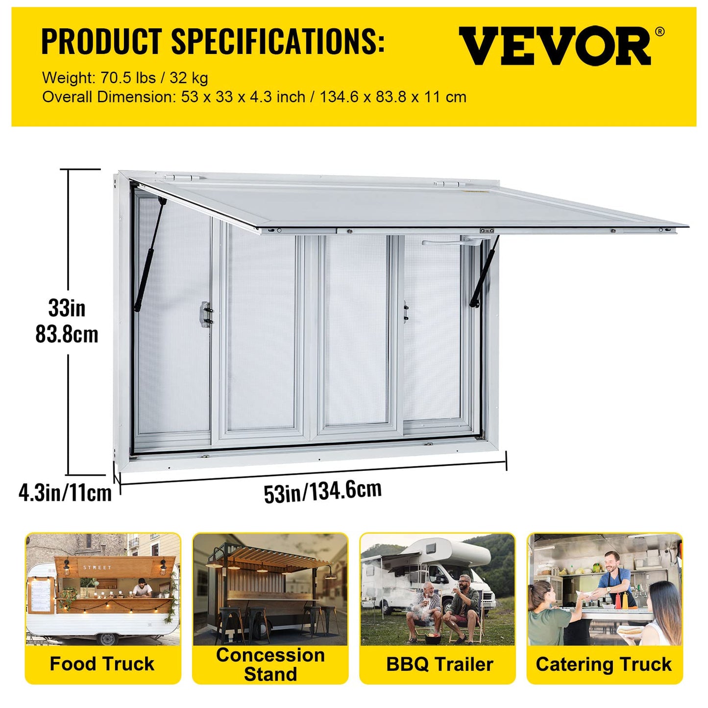 VEVOR Concession Window for Food Trucks Concession Trailers, 53 x 33 inch, Aluminum Alloy, with 4 Horizontal Sliding Screen Windows & Awning Door & Drag Hook