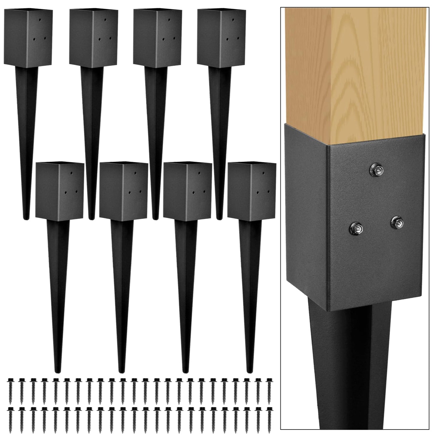 Fence Post Anchor 4''x4'', Heavy Duty Metal Fence Post Anchor Ground Spike 36''x4''x4'' for Fence, Mailbox, Bird feeder, Decking, Banner, with The Black Powder Coating Cover on The Surface (Set 8)