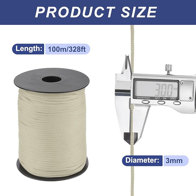 MECCANIXITY 1/8 Inch Polypropylene Rope Braided Ropes, 328ft Nylon Rope Hollow Utility Cord for Clothesline, Camping, Hiking, Outdoor, Camel Grey